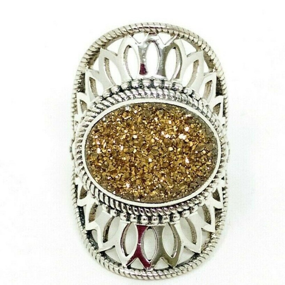 Women's 925 Sterling Silver 11 grams Gold Drusy Large Statement Ring Gift Boxed!